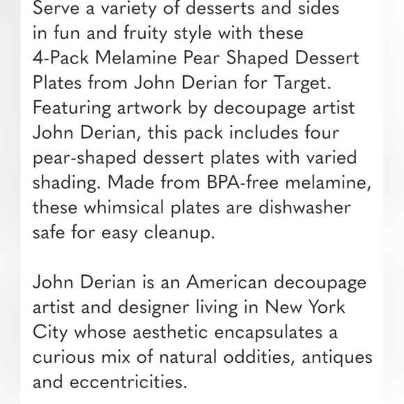 Set of 4 John Derian Target Melamine Pear Fruit Shaped Dessert Plates 9 x 7” - Picture 9 of 12